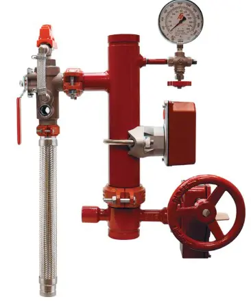 Red fire sprinkler system with gauge.