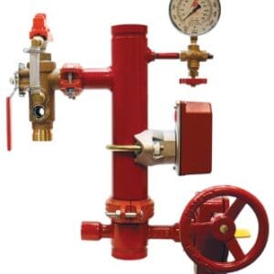 Red fire sprinkler system with gauge.