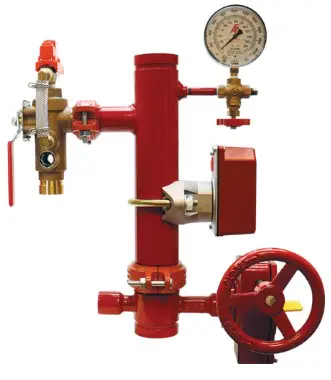 Red fire sprinkler system with gauge.