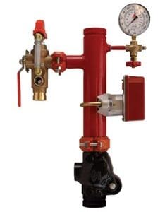 Red fire sprinkler system with gauge.