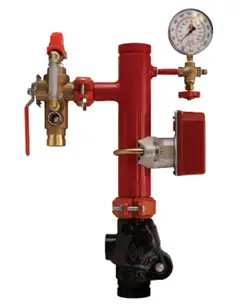 Red fire sprinkler system with gauge.