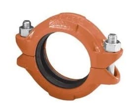 Orange cast iron pipe coupling with bolts.