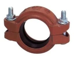 Red cast iron pipe coupling with bolts.