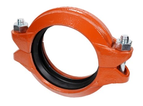 Orange pipe clamp with bolts and rubber gasket.