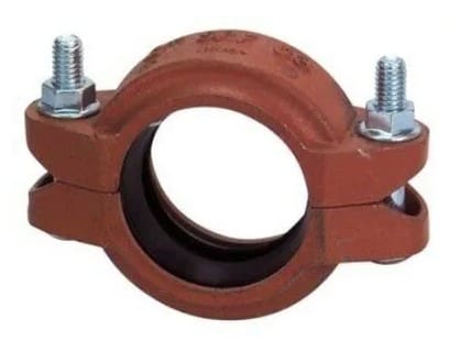 Red metal pipe clamp with bolts.