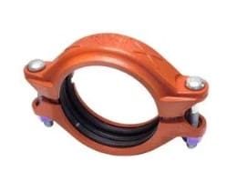 Orange pipe clamp with bolts and rubber seal.