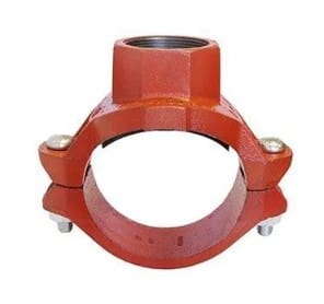 Red pipe clamp with two bolts.