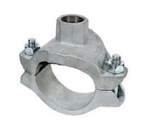 A gray metal pipe clamp with bolts.