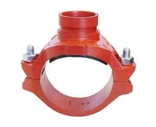 Red cast iron pipe clamp with bolts.