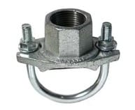 Metal pipe clamp with threaded fitting.