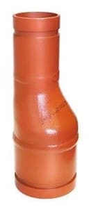 Orange plastic pipe fitting with a bend.