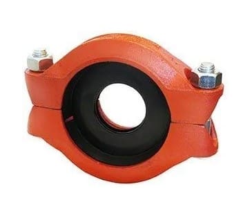 Red pipe clamp with bolts and rubber seal.