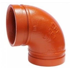 Orange 90-degree pipe fitting for plumbing.