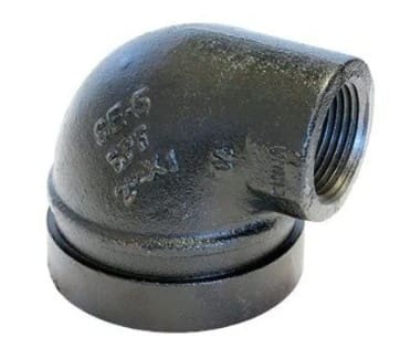 Black iron 90-degree threaded pipe fitting.