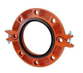 Orange pipe fitting with bolts and gasket.