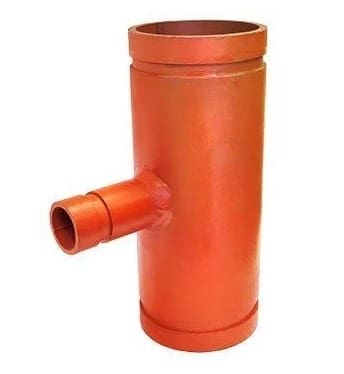 Red metal pipe fitting with a tee.