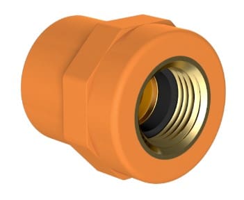 Orange plastic pipe fitting with brass threads.