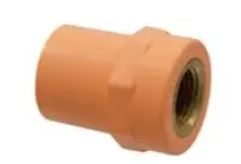 Orange plastic pipe fitting with brass threads.