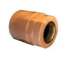 Orange plastic pipe fitting with threads.