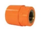 Orange plastic pipe fitting with brass threads.