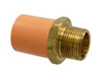 Orange plastic pipe connector with brass threads.