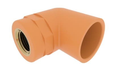 Orange plastic 90 degree elbow fitting.