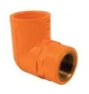 Orange plastic 90 degree elbow pipe fitting.