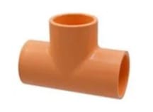 Orange plastic T-shaped pipe fitting.