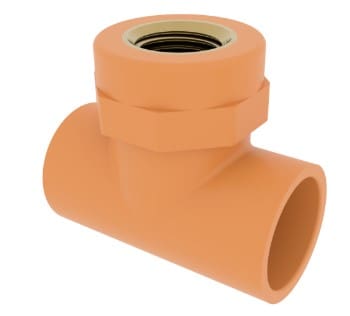 Orange plastic pipe tee with brass fitting.