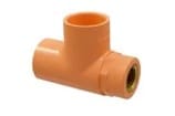 Orange PVC pipe tee with brass fitting.